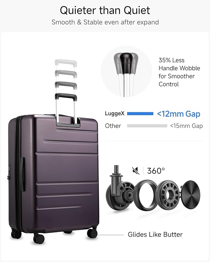 LUGGEX スピナーホイール付きチェック用スーツケース、FLO5 拡張可能ポリカーボネート製ハードシェル TSAロック付き (FX-Core、パープル、28インチ)