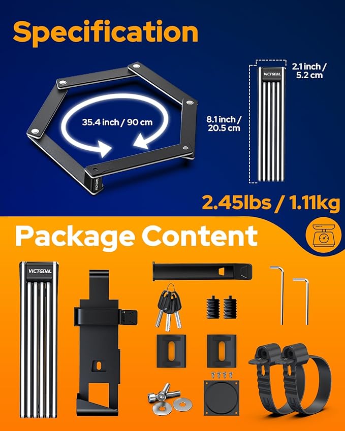 VICTGOAL Folding Bike Lock for Airtag Bike Mount Hidden, Heavy Duty Bike Locks with Keys, Foldable Bike Lock with Mount Anti-Theft Tracker Case for Bicycle Ebike Scooter (Black)