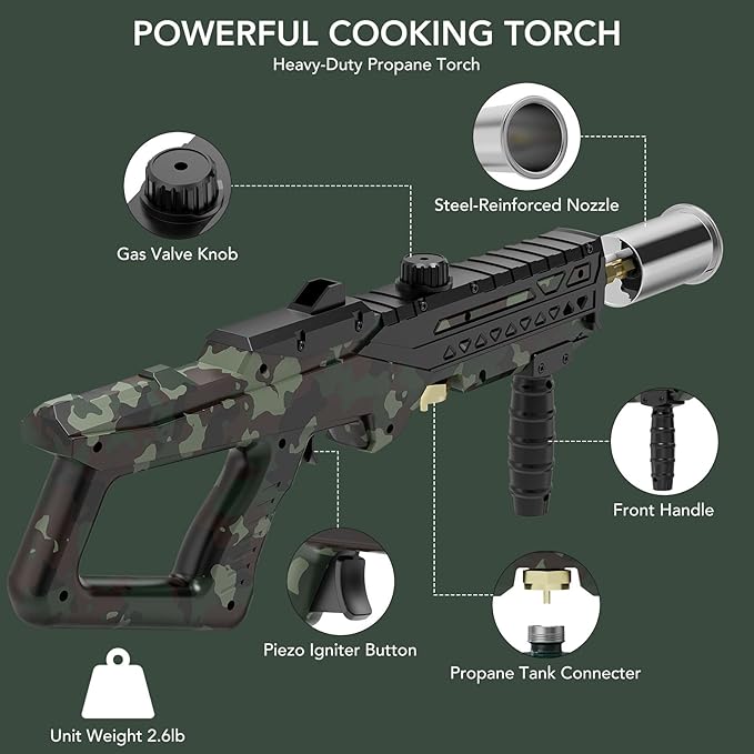 Sondiko Powerful Cooking Propane Torch Gun, Culinary Torch Campfire Starter, Adjustable Torch Burner for Searing Steak, BBQ, Welding (Propane Tank Not Included)