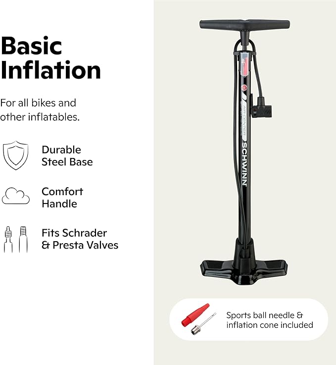 Schwinn Air Center Series or Basic Floor Pump, for a Range of Bikes, 100, 120 or 160 PSI, Soft Grip Handle, Dual Head for Schrader and Presta Valves, Manual Air Pump
