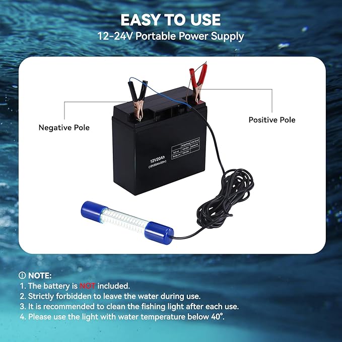 18W水中集魚灯、IP68防水 DC 12-24V LED水中集魚灯 魚誘引ルアー灯 クラッピー・エビ・イカ・ナマズ用 バッテリークランプ付き 16.4ftケーブル 緑/青/白色光