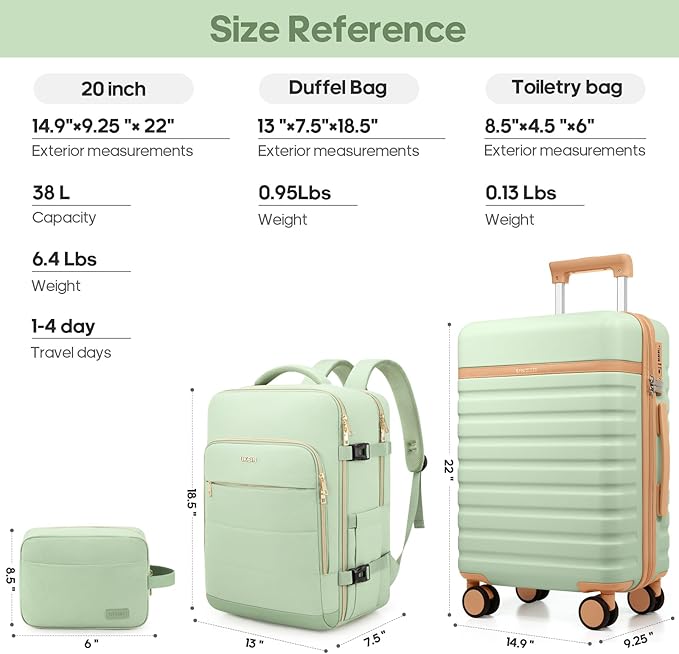 3ピース荷物セット、スピナーホイール付き機内持ち込み手荷物20インチ、TSAロック付きPCハードサイドスーツケースセット、男性用トラベルバックパック付き丈夫な機内持ち込みスーツケース（ライトグリーン、3ピースセット（BP/20インチ））