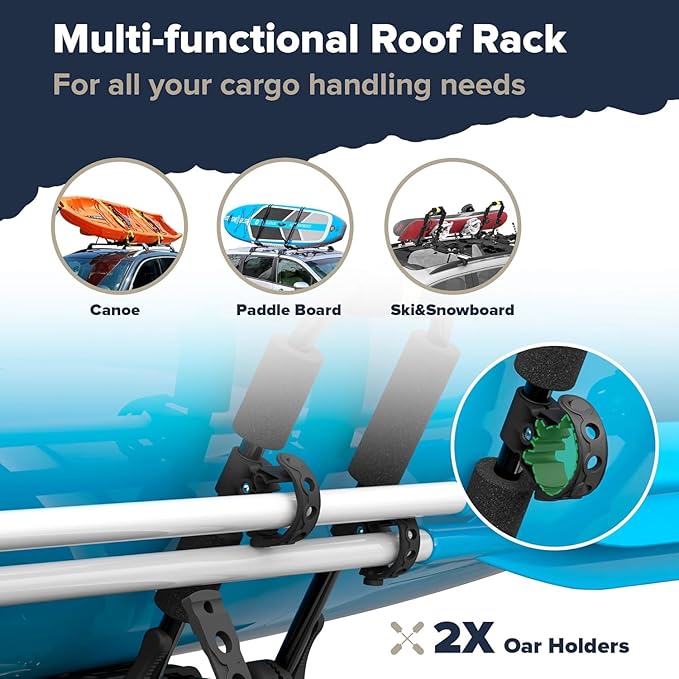 ARKSEN 2 Pair Universal Folding Kayak Roof Rack with 4 Lashing Strap, 4 Stern Tie Down Straps, 4 Anchor Straps, Heavy-Duty Adjustable J-Bar Kayak Carrier for Car, SUV, and Truck