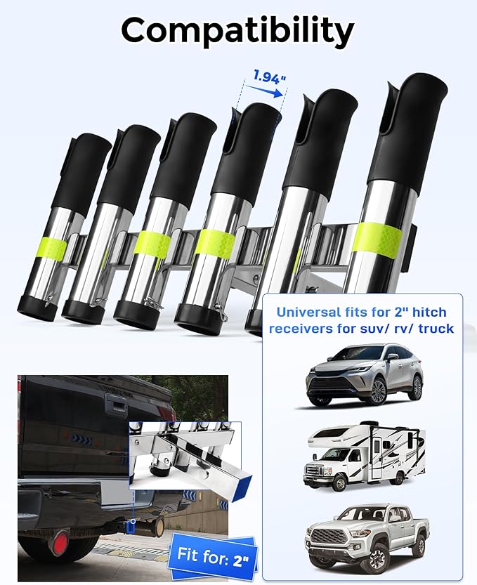 Adjustable Fishing Rod Holder for Truck 2" Hitch Receivers – Holds 6-10 Rods, 3 Angles, Quick Release, Anti-Shake Elastic Straps, Stainless Steel Fishing Pole Holder for Truck
