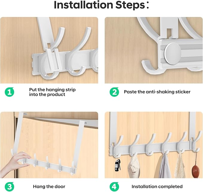 Over The Door Hooks - NO NAIL over door hanger holder,NO ASSEMBLY REQUIRED large over the door towel rack with 12 hooks, heavy duty hooks for bathroom,bedroom,kitchen,hanging towels,coats (White)