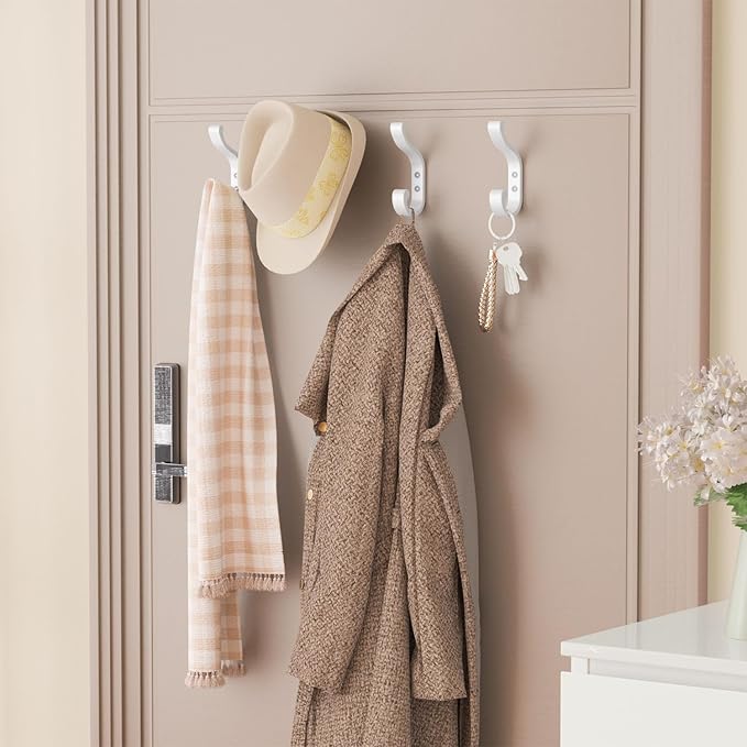 Large Wall Hooks For Hanging Coat: Metal Coat Hooks Wall Mount - Wall Hooks For Hanging Heavy Duty (30Lb) - Screw In Hooks - Mudroom Hooks for clothes, Backpack, Purse, Bathroom Towel (White, 6 Pack)