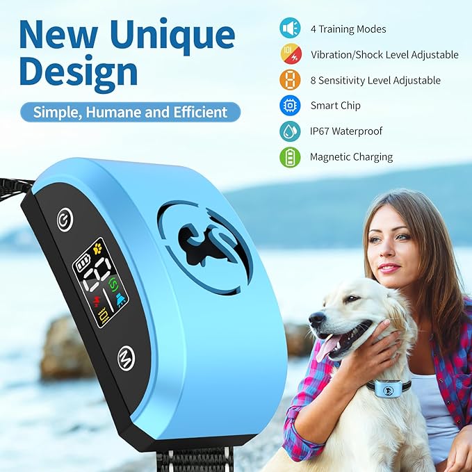 Anti Barking Collar Device for Large Medium Small Dogs, Adjustable Training Modes Dog Bark Collar with 8 Sensitivity, Automatic Stop Bark Collars for Dogs 15-120lbs, Outdoor Indoor Use, Gold