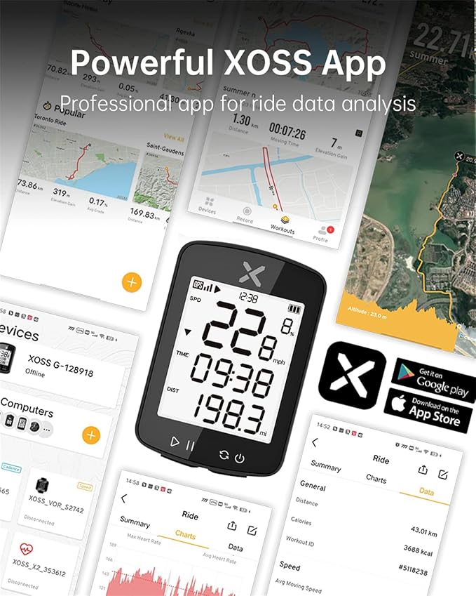 XOSS G Gen2 GPS Bike Computer Wireless, Bluetooth IPX7 Waterproof Cycling Computer, Rechargeable Bicycle Speedometer Odometer with 2.2 inch LCD Screen, 28 hrs Long Battery Life (XOSS APP Support)