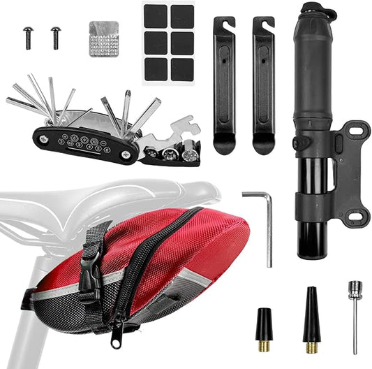 Bicycle Seat Bag Water Proof with Bike Tool Kit, Bike Repair Kit with Bike Tire Pump Red Bicycle Repair Kits Portable Wrenches Glueless Tire Patchs 15 in 1