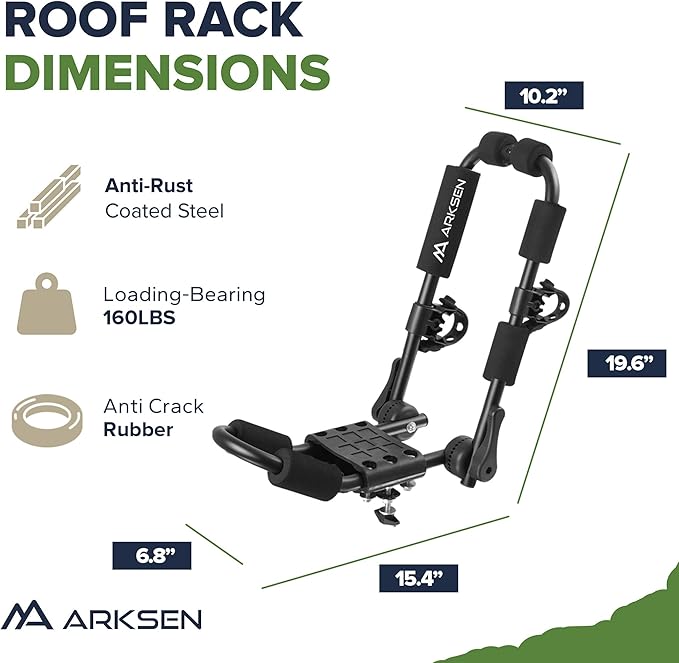 ARKSEN 2 Pair Universal Folding Kayak Roof Rack Heavy Duty Adjustable J-Bar Kayak and Canoe Carrier with 4 Lashing Straps, 4 Stern Tie Down Straps for Cars, SUVs, and Trucks