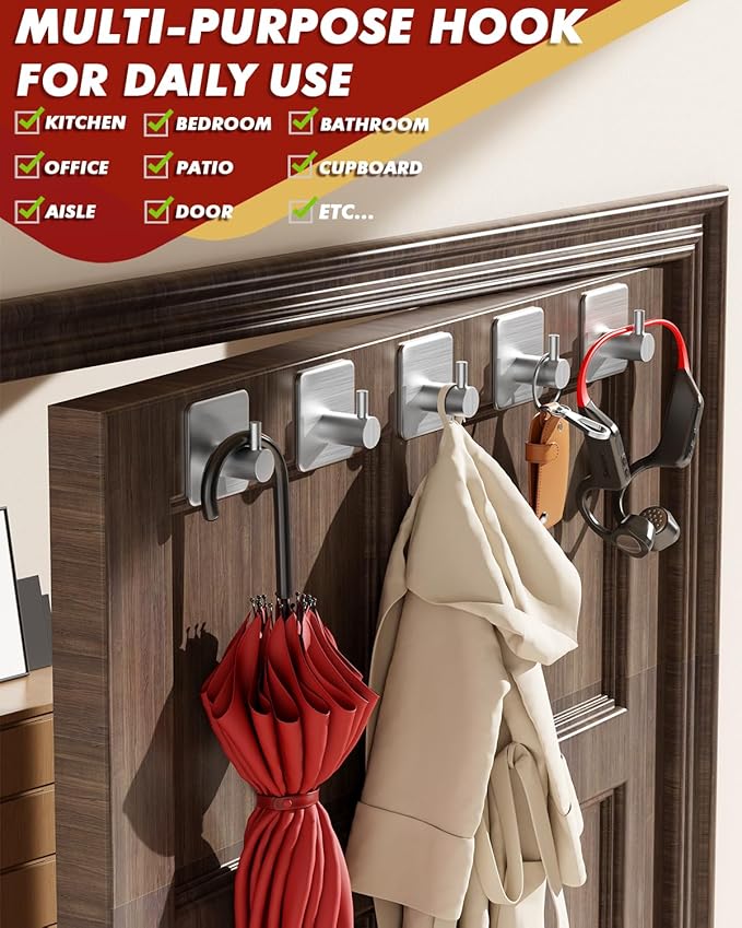 Auxmir Adhesive Hooks Heavy Duty 22lb(Max) Towel Hooks for Shower, 5 Pack Self Adhesive Damage Free Wall Hooks, Stainless Steel for Coat Robe, Waterproof Oilproof Rustproof for Bathroom Kitchen Office
