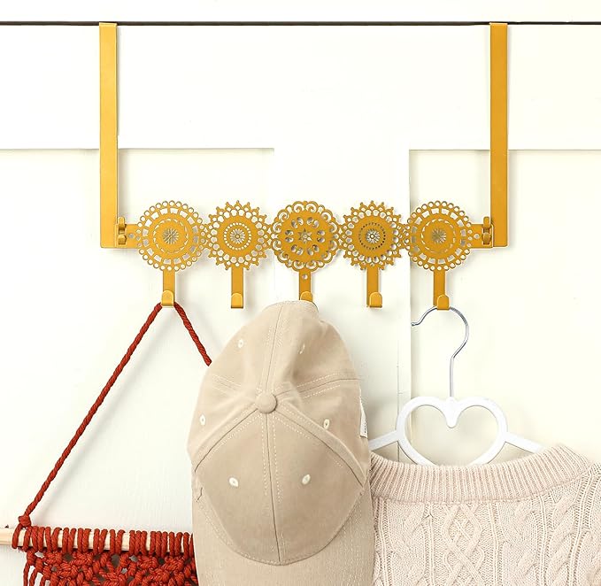 Gold Bohemian Over The Door Hooks Hanger Wall Mount Towel Hanger Door Holder Organizer 5 Hooks Kawaii Farmhouse Rustic Coquettish Style Decor for Bedroom Bathroom Towel Hat Clothes