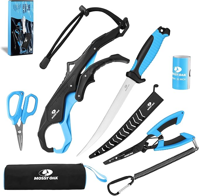 Mossy Oak Fishing Tools Kit- Fishing Plier, Fish Lip Gripper, Multifunctional Fishing Hook Remover with Lanyards Sheath, Saltwater Resistant Fishing Accessories & Equipment, Fishing Gifts for Men