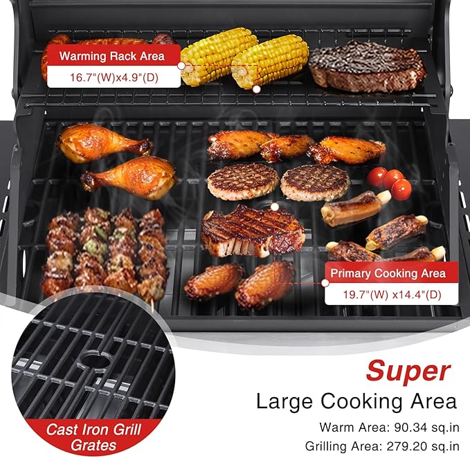 3-Burner Propane Gas Grill, 30,000 BTU Outdoor BBQ Grill with Double-Layer Stainless Lid & Cast Iron Grates, Easy-Clean System for Even Heat, Foldable Side Shelves