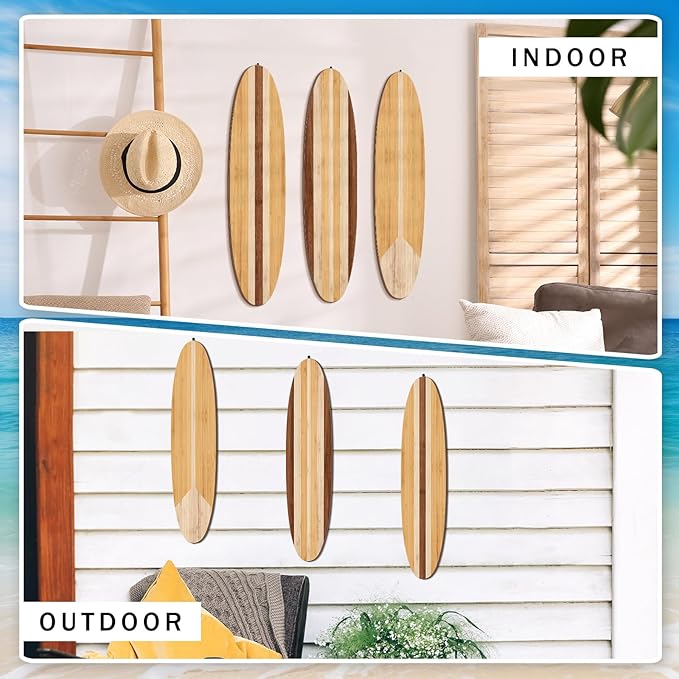 Gerrii 3 Pieces Surfboard Wall Decor 23.6" x 5.4" Preppy Beach Room Decor Aesthetic Large Wooden Cute Beachy Tropical Wall Art for Surfer Bedroom Bathroom Decorations(Log Color,Stripe)