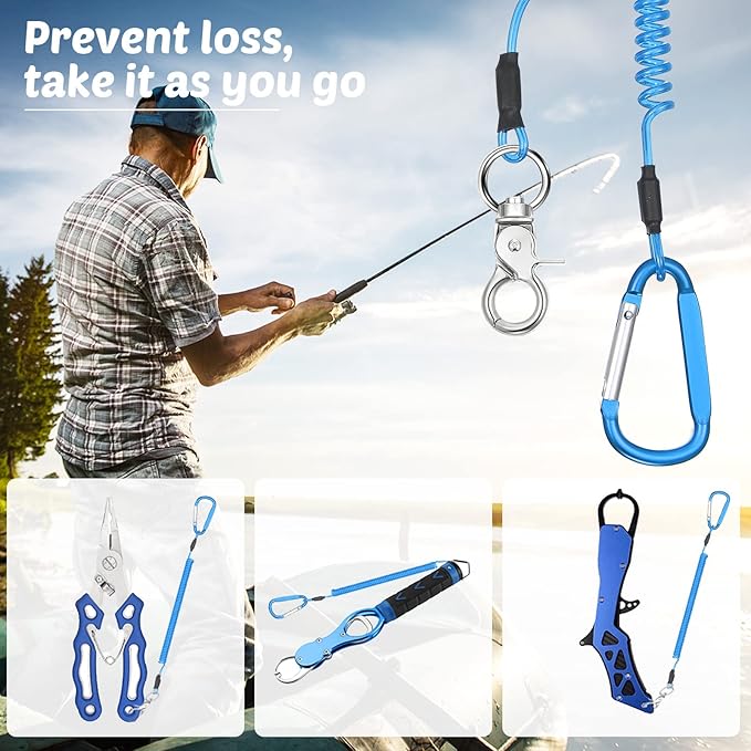 Woanger 6 Pack Fishing Lanyard Steel Wire Coiled Lanyard Tool Lanyards for Hand Tools Kayak Retractable Tool Leash Fishing Rod Safety Lanyards Gear with Alloy Clips for Pliers Boating
