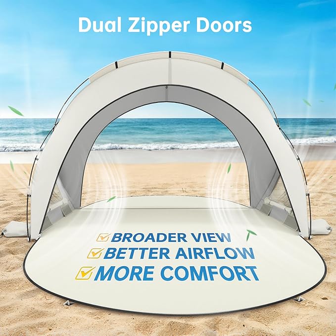 Beach Tent Sun Shelter, Beach Shade Tent with UPF50+ UV Protection, Sun Shelter for 1-3 Person, Beaches Shade with 2 Zippered Doors, Portable Tents for Camping Fishing, Beige