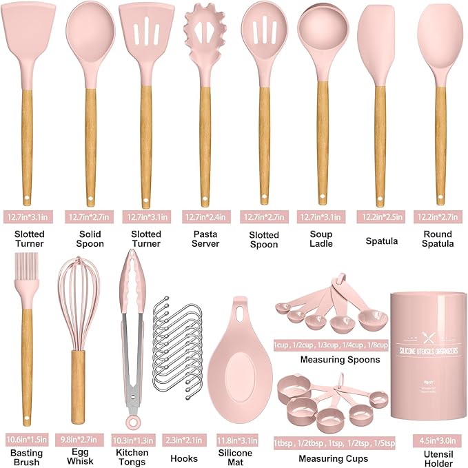 Umite Chef シリコンキッチン用品セット 33点セット ノンスティック 調理器具スタンド付き 木製ハンドル ピンク