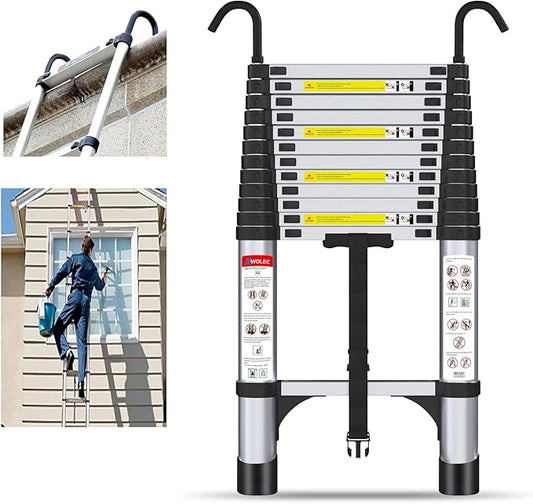 12.5 ft Aluminum Telescoping Ladder, 330 lb Load, Hooks, Portable Collapsible Ladder for Home & Work,Silver