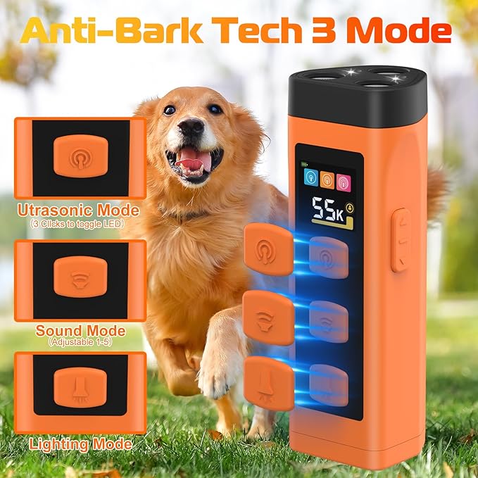 Dog Bark Deterrent Device, Ultrasonic Dog Trainer, Anti Barking Device with 65FT Range, Humane Bark Control for Dogs, 3 Training Modes, Works Indoors & Outdoors