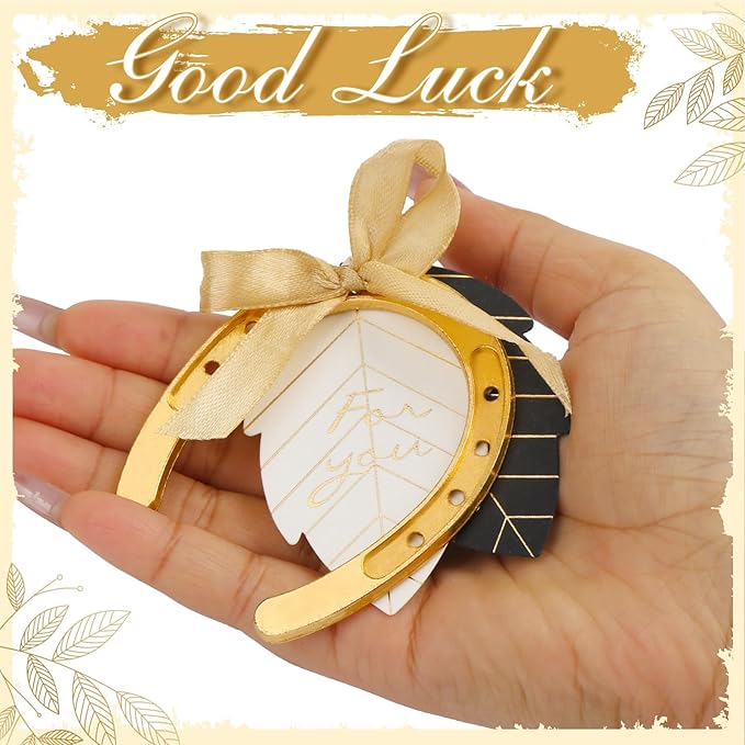 OurWarm 10PCS Gold Horseshoe Decor Wedding Favors with Black & White Tags and Ribbon, Stunning Horse Shoes Good Lucky Gifts for Wedding Birthday Kentucky Derby Party Decorations