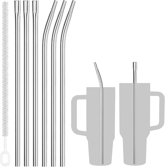 NiHome 6PCS 12" Anti-Wrinkle Flat Tip Reusable Stainless Steel Straws for Stanley 30oz 40oz Tumblers, Wrinkle Free Metal Straws Lip-Friendly for Iced Coffee, Water (Silver, 3 Straight + 3 Bent)