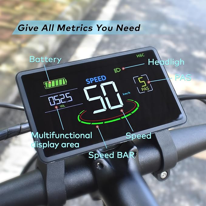 Ebike Display H6C, UART No. 2 Protocol, 24V-60V Colorful Cycling Computer with Charging Port for Mobile Devices, Ebike LCD Display to Enrich Cycling Journey