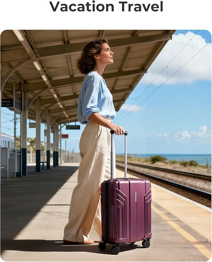 BAGSMART 拡張可能機内持ち込みスーツケース 22x14x9 航空会社承認、20インチ スピナーホイール付き旅行用スーツケース、軽量ハードシェル 機内持ち込み パープリッシュレッド
