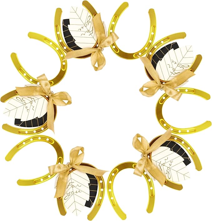 OurWarm 10PCS Gold Horseshoe Decor Wedding Favors with Black & White Tags and Ribbon, Stunning Horse Shoes Good Lucky Gifts for Wedding Birthday Kentucky Derby Party Decorations