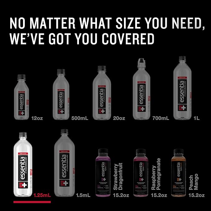 Essentia Water LLC , 99.9% Pure, Infused with Electrolytes for a Smooth Taste, pH 9.5 or Higher; Ionized Alkaline Water, Black, 42.3 Fl Oz (Pack of 12)