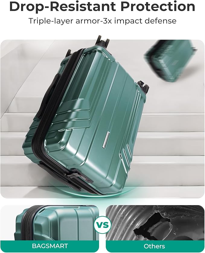BAGSMART 拡張可能機内持ち込みスーツケース 22x14x9 航空会社承認済み 100%PC 軽量ハードシェル 20インチキャリーケース スピナーホイール付き オリーブグリーン
