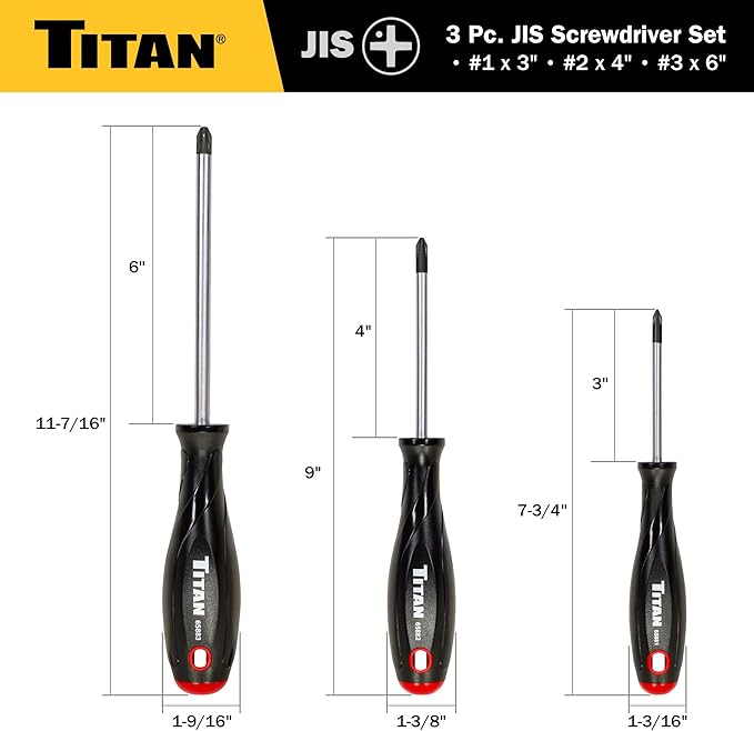 Titan 65885 JIS 3-Piece Screwdriver Set with Magnetic Tips – Includes #1 x 3", #2 x 4", #3 x 6" – Designed for Japanese Standard Screws, Compatible with Japan-Made Cars, Trucks, and Motorcycles