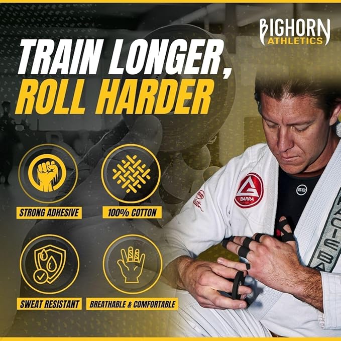 Bighorn Athletics Jiu Jitsu Finger Tape | Residue-Free Athletic Finger Tape for Sports & Injuries: Rock Climbing, Volleyball, Football, Basketball, Hands & Toes | 0.3-Inch x 45-feet, 8-Rolls, Black