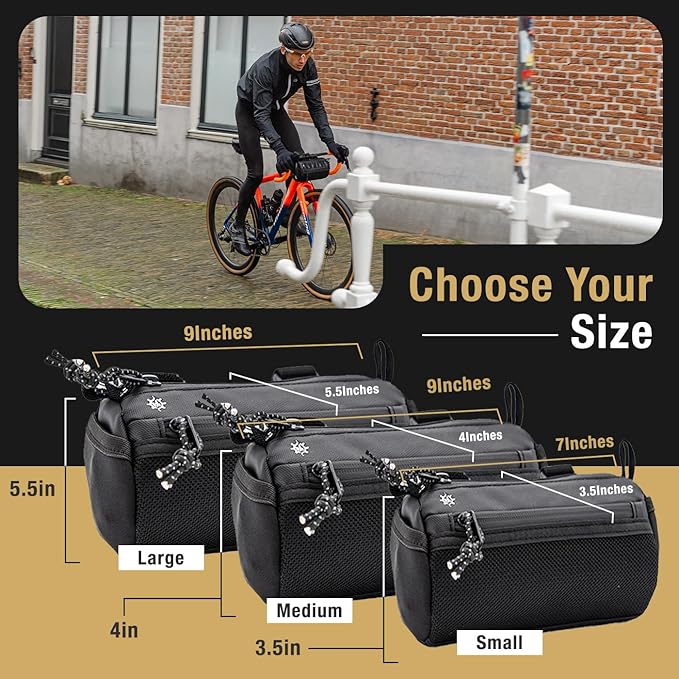 Lumiere & Co. Bike Handlebar Bag - Durable, Multiple Size and Color Options - Dual Elastic Straps, Clips & Hook-and-Loop for Customizable Fit (Black, Medium)