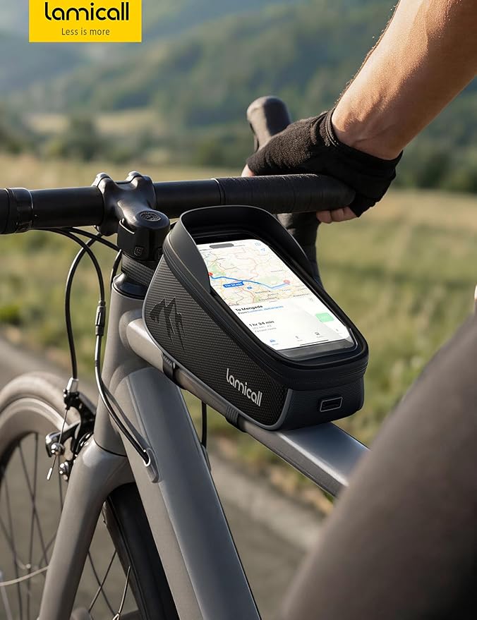 Lamicall Bike Frame Bag Waterproof - [1.6L Large Capacity] Bike Phone Bag, Bike Phone Holder Mount, Bicycle Front Bag, Cycling Pouch with Rain Cover, Bike Accessories for Phones Under 7"