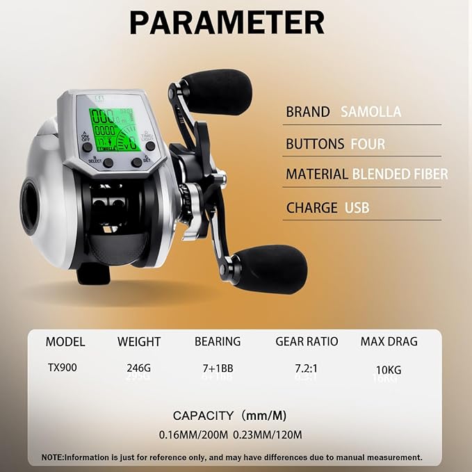 Digital Baitcasting Fishing Reel with LCD Display 8oz Ultralight 7+1 BB Electric Baitcaster Reel 22 LB Max Drag 7.2:1 Gear Ratio Left/Right Handed Compact Design for Freshwater Saltwater TX900