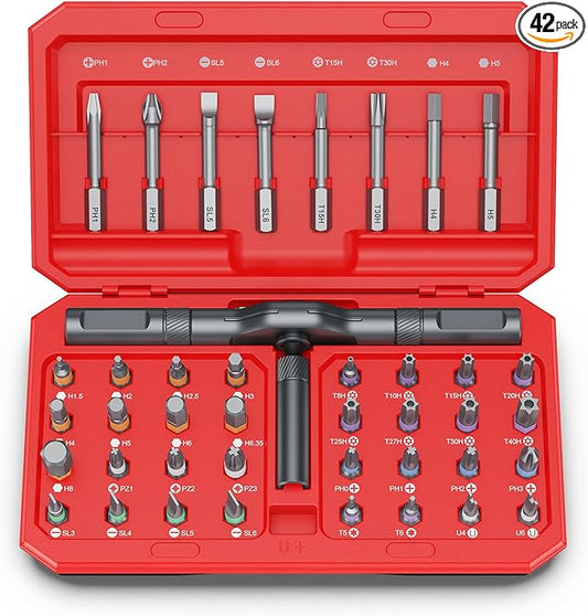 Bomivoi 42 in 1 Magnetic Screwdriver Set, DIY Ratchet Screwdriver Set, Multi Bit Magnetic Drive Set with Detachable Ratchet Handle, Portable Compact Repair Tool Kit for Furniture Computer Bicycle Red