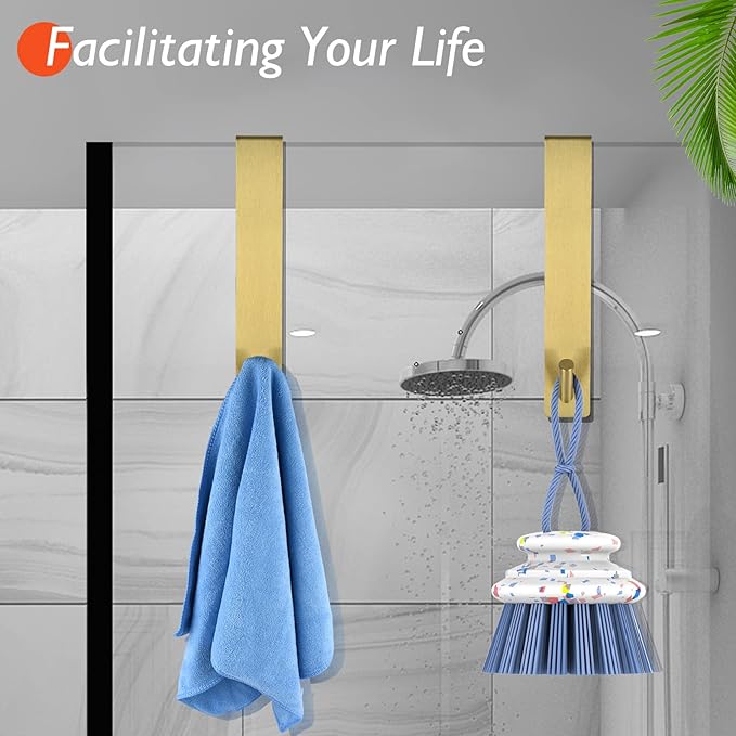 Shower Door Hooks(7.5 Inch),Extended Over Door Hooks for Bathroom Frameless Shower Door,Robe,Towel-2 Pack-Gold