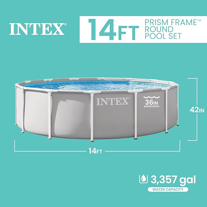 INTEX Prism Frame 14フィート x 42インチ 地上プールセット、ラウンドスチールフレームプール、1000GPHカートリッジフィルターポンプ、はしご、カバー、グランドクロス