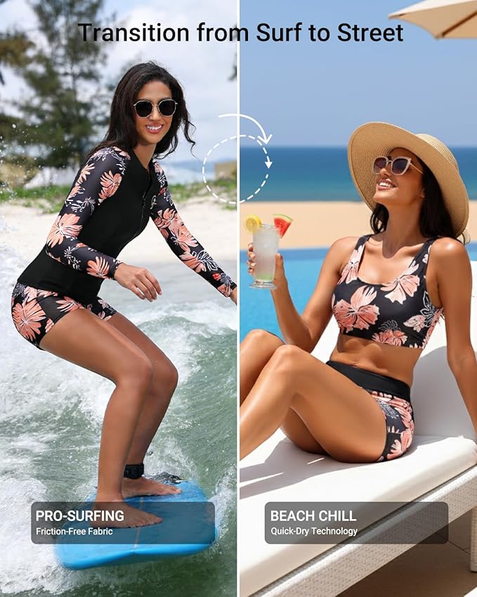 Holipick Long Sleeve Swimsuits for Women - 3 Piece Rash Guard with Shorts Zipper SPF Swim Shirt with Built in Bra