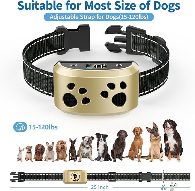 Dog Bark Collar for Medium Large Dogs, Automatic Bark Device with Rechargeable Barking Collar with 8 Adjustable Sensitivity, 4 Training Modes Adjustable Anti Barking for Large Dogs 15-120lbs, Gold