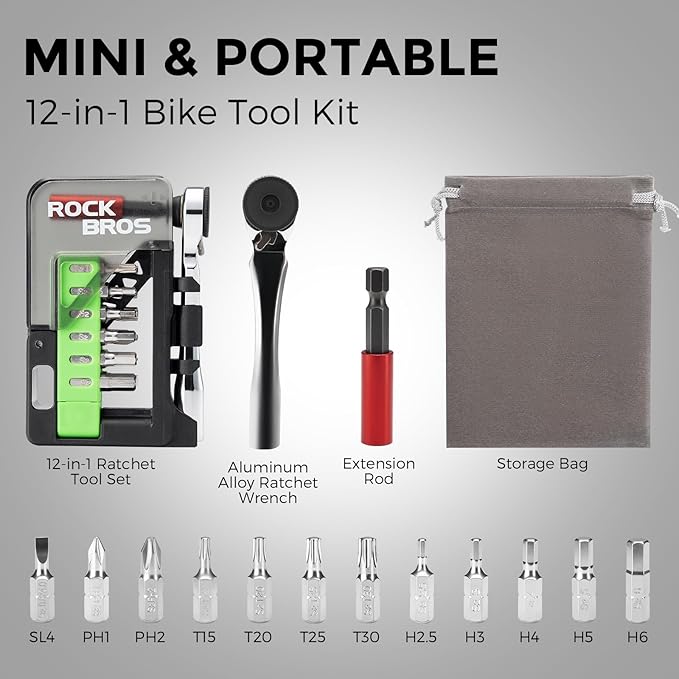 ROCKBROS Bike Tool Kit, Mini Bike Multitool, 12-in-1 Portable Bike Repair Kit, Durable Mini Ratchet Set, Maintenance Accessories for Ebike Road Mountain Bike Travel & Home (1)