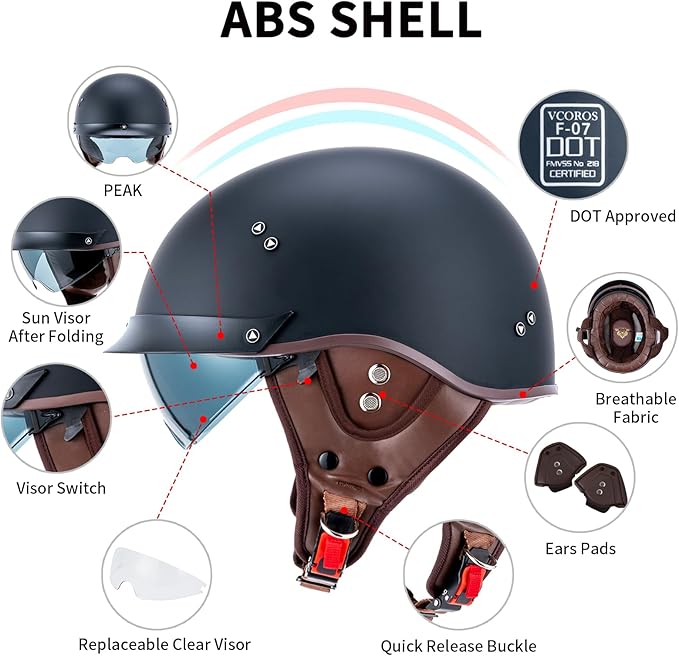 VCOROS Half Helmet Motorcycle DOT Approved Open Face Helmet F07 with Sun Visor and Quick Release Buckle for Adults Men and Women (Matte Black,XXL)