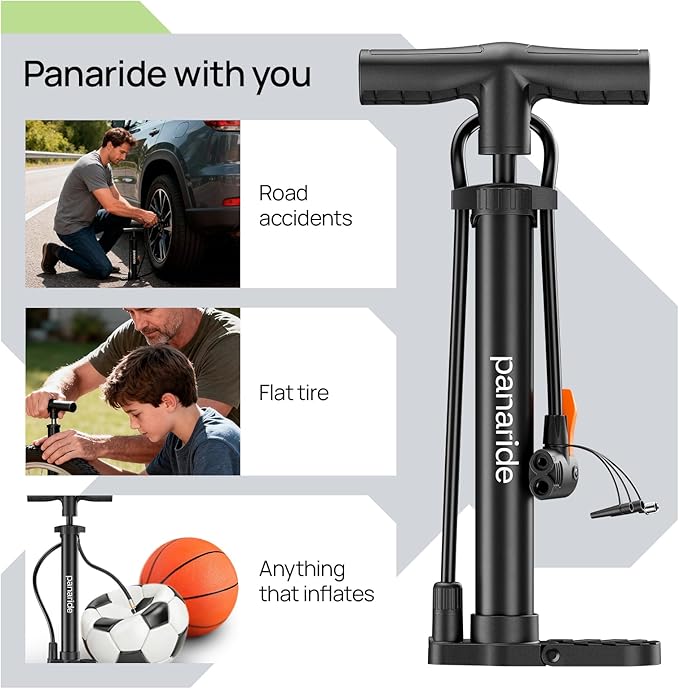 Bike Pump Floor, Advanced Bike Tire Inflator, Bicycle Hand Air Pump with Dual Presta and Schrader Valves, Handheld Pump, Suitable for Road and Mountain Bikes, Baby Stroller, Balls