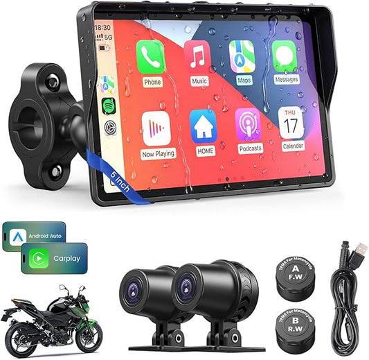 WonVon Motorcycle CarPlay Screen with Android Auto – 5” Waterproof GPS, Pantalla para Moto, Apple CarPlay, Navigation System for Motorcycle, Dual 2K Dash Cam Bluetooth Audio & TPMS (No SD Card)