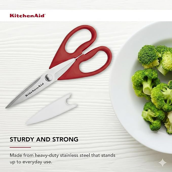 KitchenAid オールパーパスキッチンバサミ 保護シース付き 高耐久ステンレススチール製ハサミ 食洗機対応 ソフトグリップ快適ハンドル 8.72インチ レッド