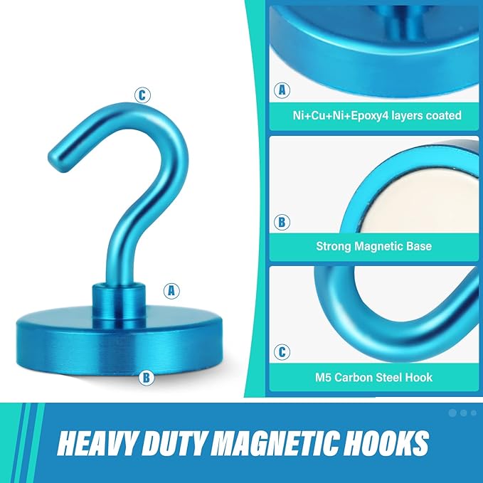 Neosmuk Magnetic Hooks, Heavy Duty 130lb+ Strong Magnet Hook for Cruise Cabins, Cruise Ship Essentials for Hanging, Metal Wall Refrigerator Hangers (RoyalBlue, 10 Pack)