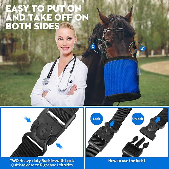 Horse Feed Bag 2 PCs, Breathable Mesh Feed Bags for Horses, Muzzle Feedbag for Feeding Grain, Anti-Spill Design Feeder, Soft Neck Pad Nose Pad, Universal Fit (Blue)