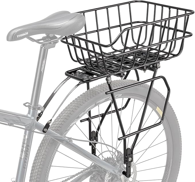 CXWXC Rear Bike Rack with Basket - Bike Cargo Rack for Disc Brake/Non-Disc Brake Mount - Bicycle Pannier Rack, Touring Carrier Rack fit 26”-29” and 700c