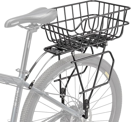 CXWXC Rear Bike Rack with Basket - Bike Cargo Rack for Disc Brake/Non-Disc Brake Mount - Bicycle Pannier Rack, Touring Carrier Rack fit 26”-29” and 700c